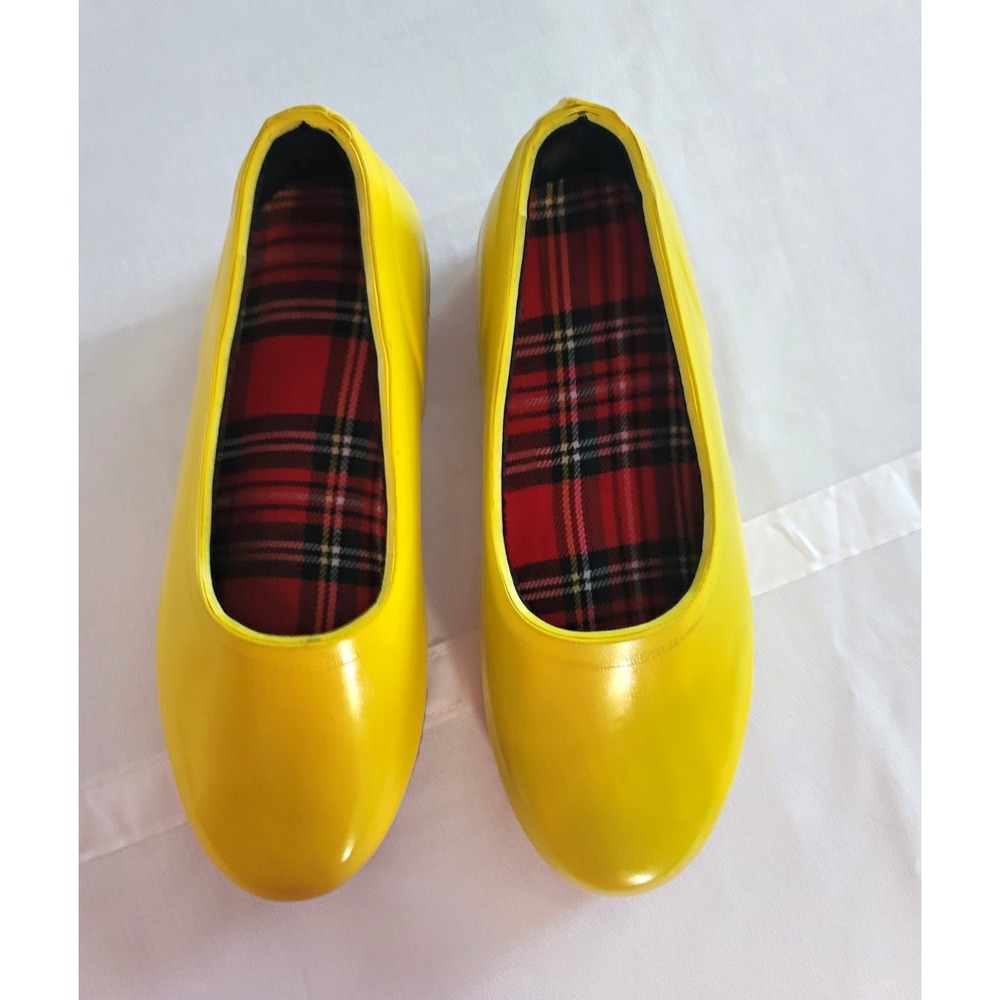 Mid West Womens 6 Yellow Rubber Garden Rain Shoes Slip On Plaid Lined Clogs
